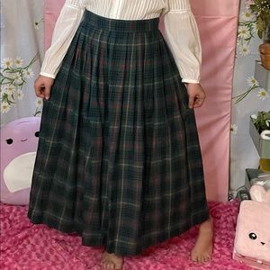 Vintage 90s pleated green red yellow plaid high waisted maxi skirt